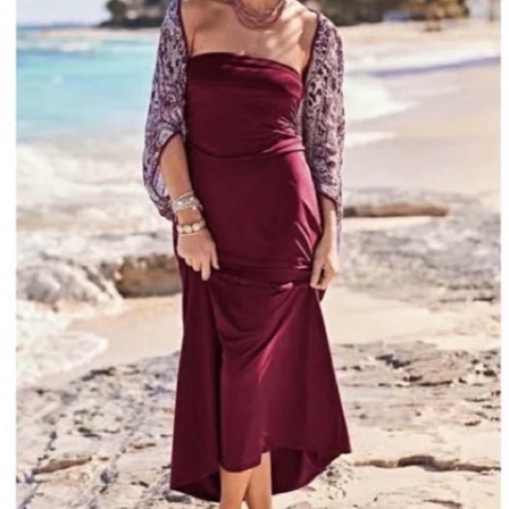 J. Jill Strapless Jersey Knit Maxi Dress Maroon Boho Resort Travel Beachy M